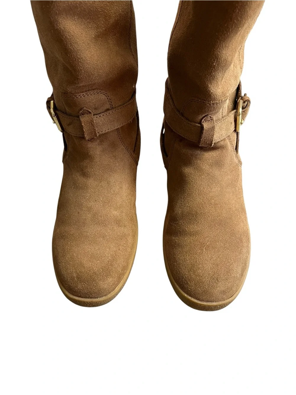 Coach Tallulah Boots Women’s 7 B Brown Suede Shearling Mid Calf Buckle Gold Logo